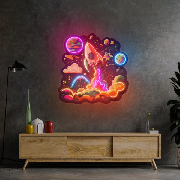 Galaksi Roket Neon Art - UV Baskı - Neon Led Tabela