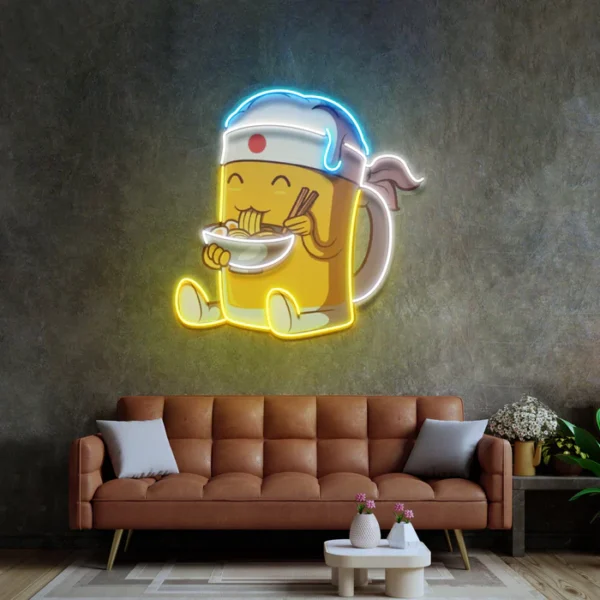 Ramen Yiyen Bira Neon Art - UV Baskı - Neon Led Tabela