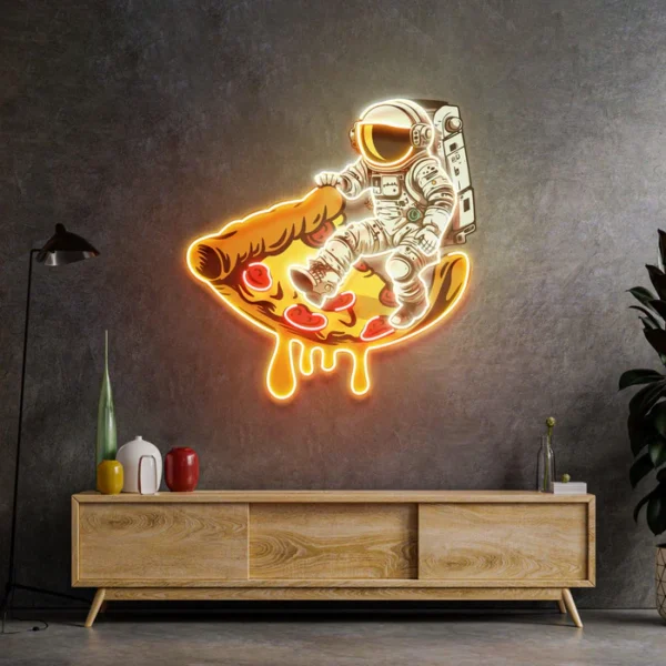 Pizza Astronot Neon Art - UV Baskı - Neon Led Tabela