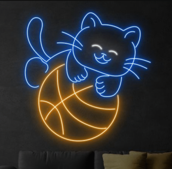 Kedi ve Basketbol Topu Neon Tabela