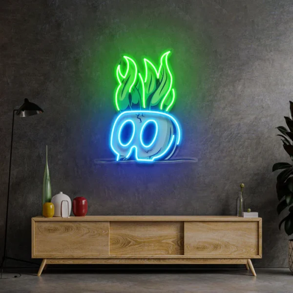 Kafatası Saksı Bitki Neon Art - UV Baskı - Neon Led Tabela